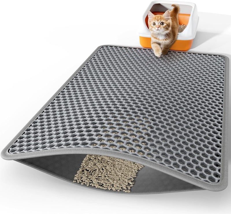 Powools Cat Litter Mat - 46" x 35" Jumbo Litter Box Mat with Double Layers, Urine-Proof and Non-Slip Litter Trapping Mat, Easy to Clean Kitty Litter Mats for Floor, Scatter Control, Grey - Image 1